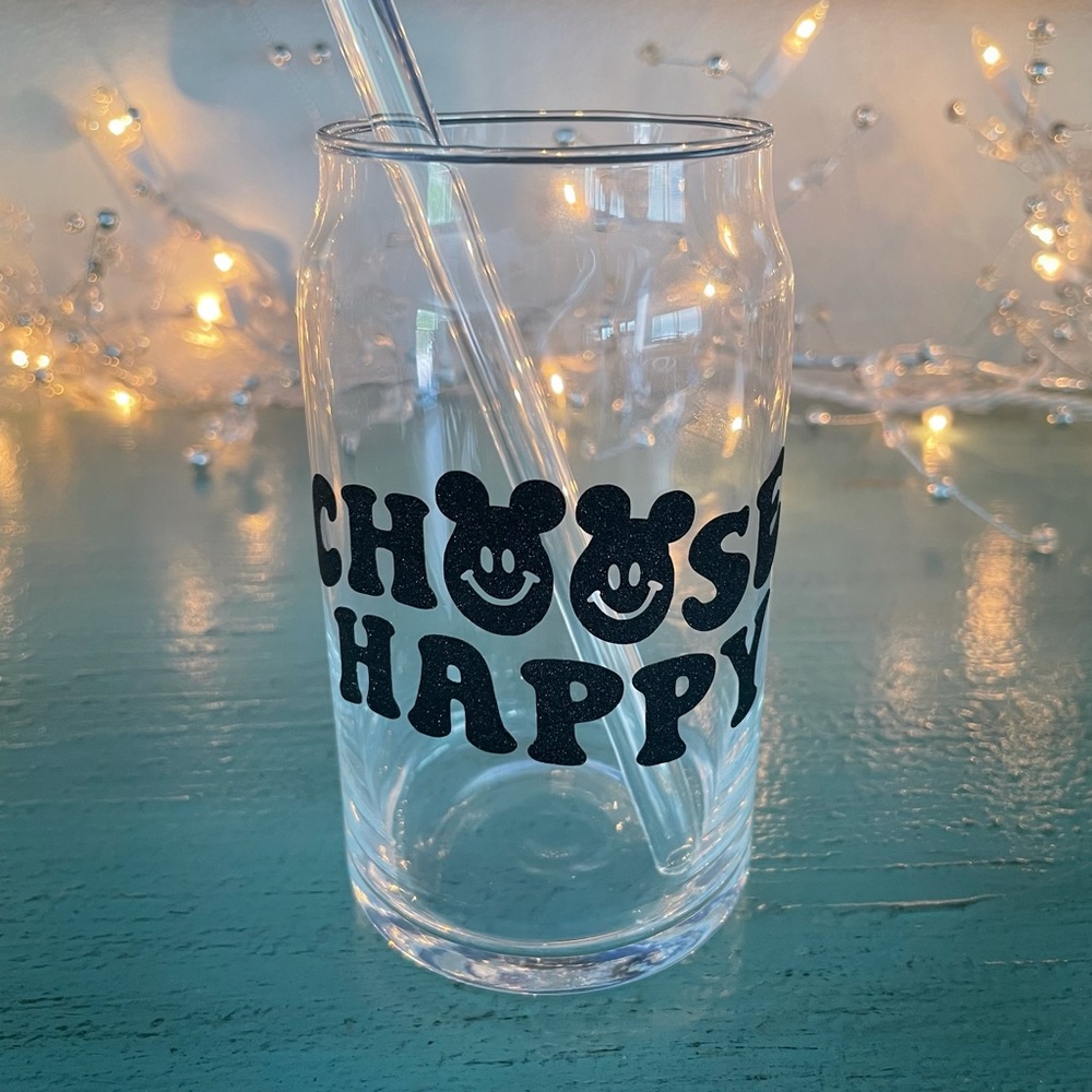 Handmade 16oz glass with glass straw / choose happy 🙂